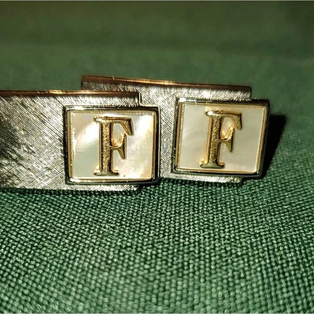 Vintage Silver & Gold Tone Swank Cufflinks Initial F On Mother of Pearl